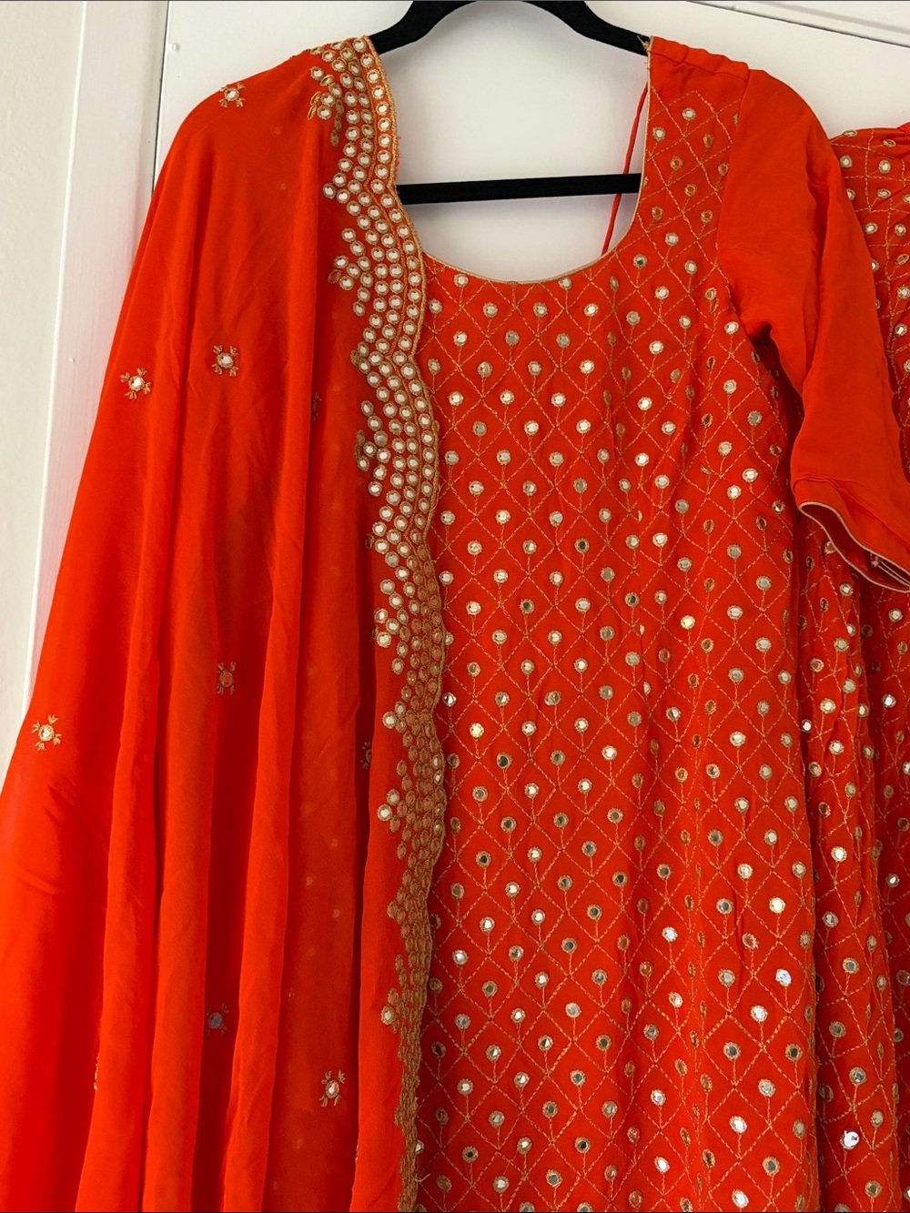 3 piece Indian outfit Orange Ethnic Set with Gold Mirror Work Indian suit party - Picture 6 of 6